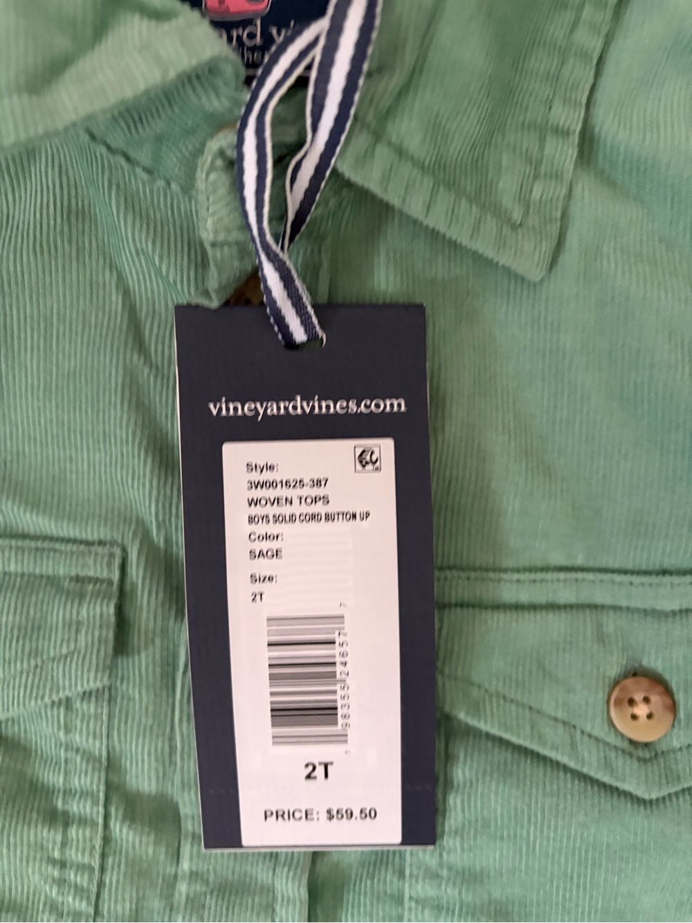 NWT Vineyard Vines Toddler Boys Corduroy Flannel Shirt 2T - Picture 2 of 3